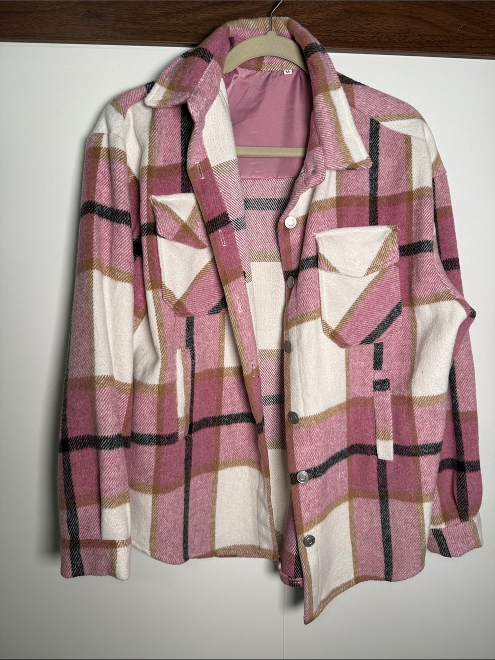 Amazon Pink Plaid Utility Shacket with Cream and Brown Accents